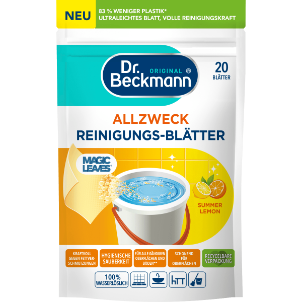 Листки (серветки водорозчинні) для прибирання універсальні Літній лимон, 20 шт Dr. Beckmann 