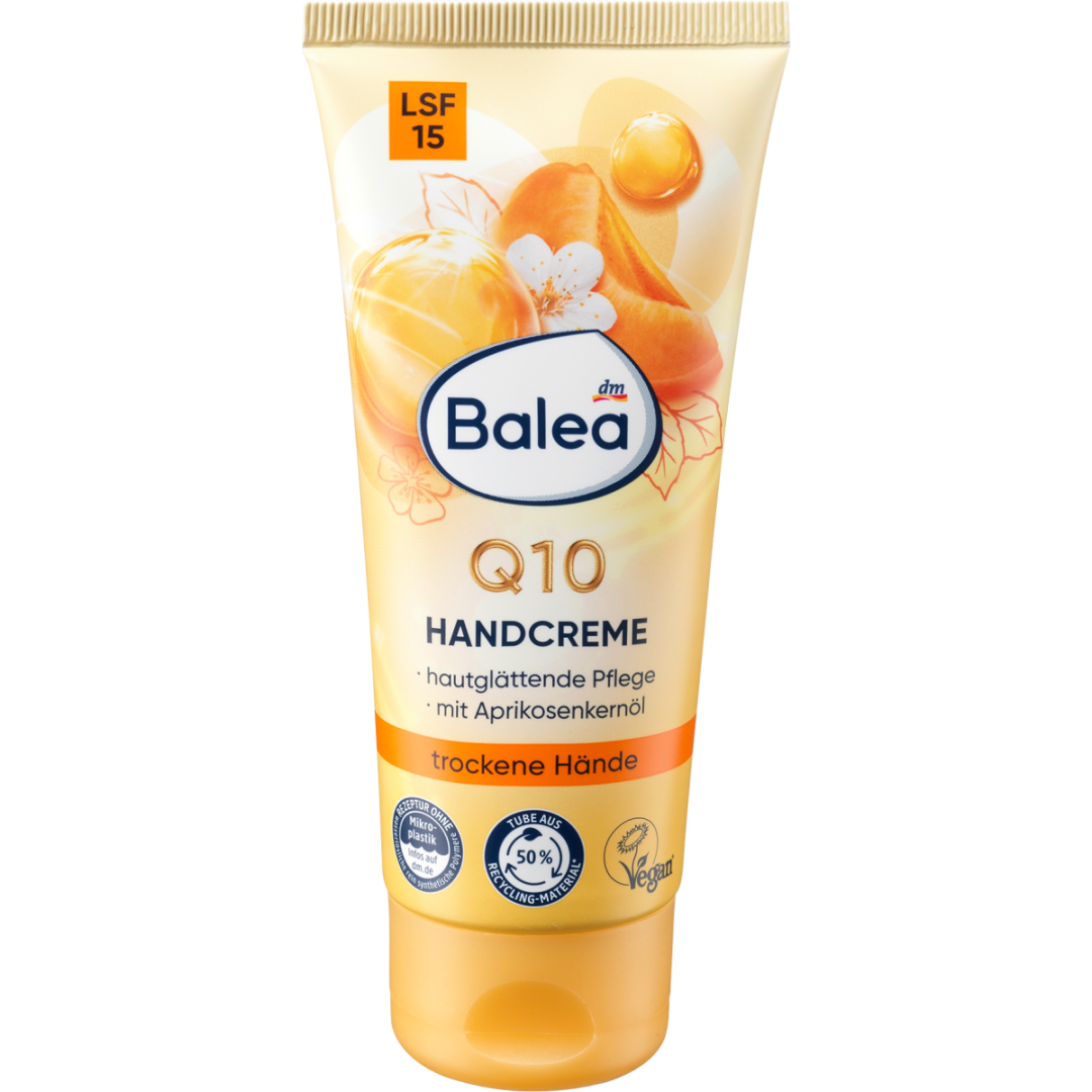 Крем для рук з маслом абрикосових кісточок та сонцезахисним фактором Balea Q10 mit Aprikosenöl und LSF15 100мл