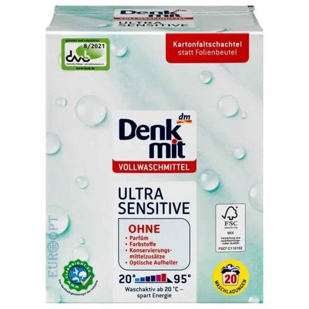 Гіпоалергенний порошок для прання білого одягу Denkmit Ultra Sensitive, 20 прань,1.35 кг
