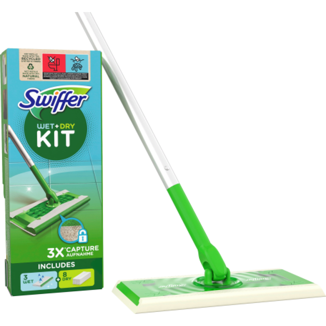Швабра для миття підлоги Swiffer Kit плюс 8 сухих і 3 вологих серветки для збирання пилу з підлоги
