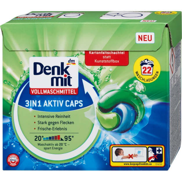 Капсули для прання білих речей Denkmit 3IN1 Aktiv Caps, 22 шт.