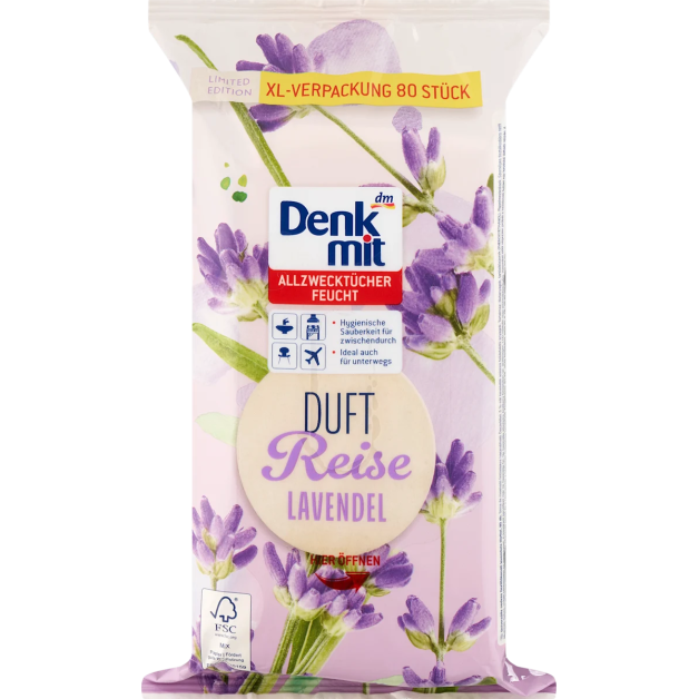Вологі серветки універсальні з лавандовим ароматом Denkmit Feuchte Allzwecktücher Lavendel, 80 штук