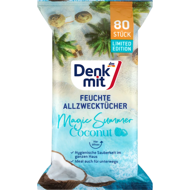 Вологі серветки універсальні з ароматом кокосу Denkmit Feuchte Allzwecktücher Coconut, 80 шт