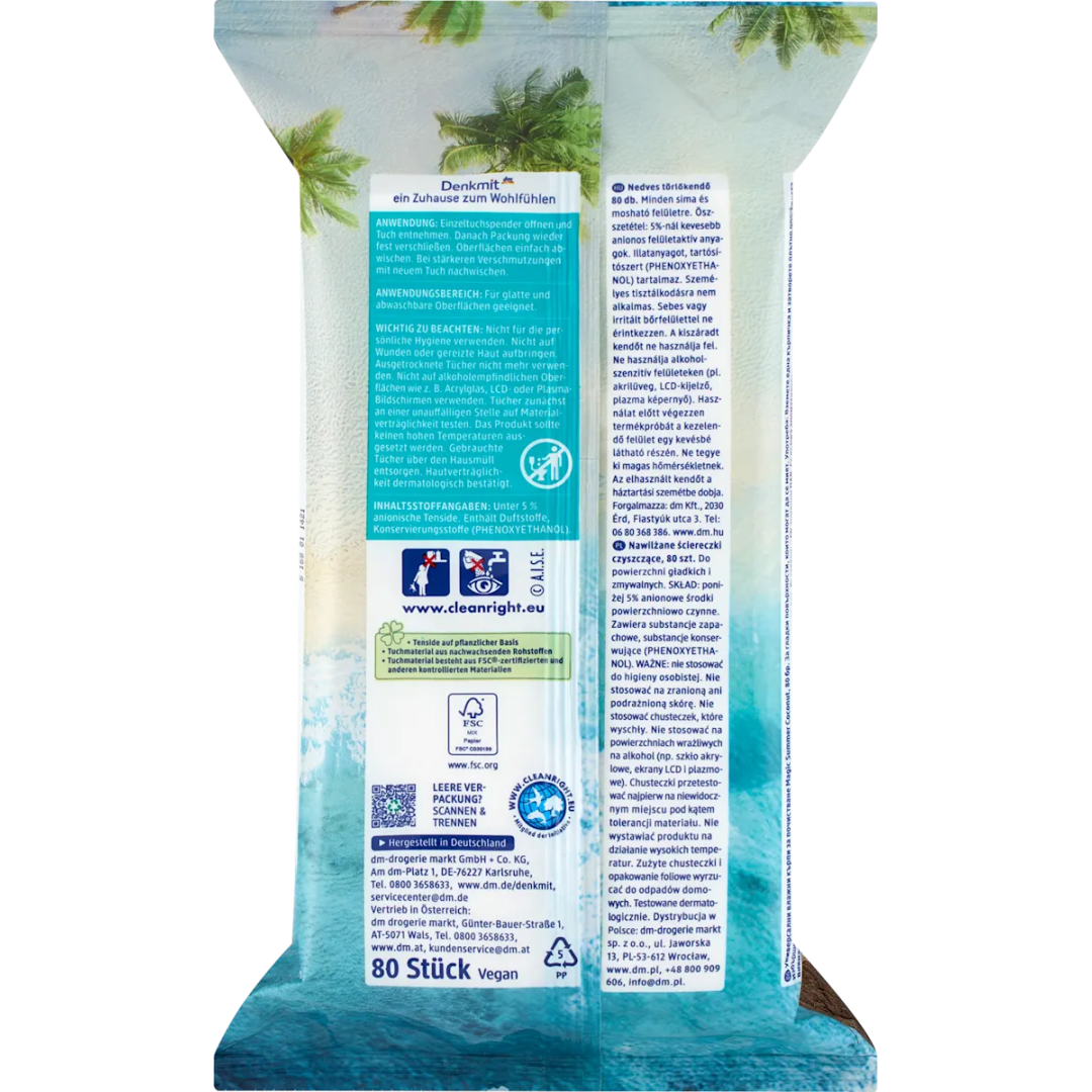 Вологі серветки універсальні з ароматом кокосу Denkmit Feuchte Allzwecktücher Coconut, 80 шт