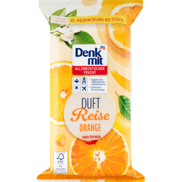 Вологі серветки універсальні з ароматом апельсину Denkmit Feuchte Allzwecktücher Orange, 80 шт