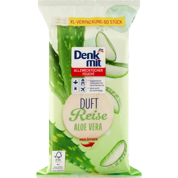 Вологі серветки універсальні з алое вера Denkmit Feuchte Allzwecktücher Aloe Vera 80 шт