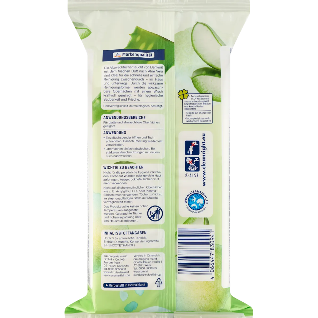 Вологі серветки універсальні з алое вера Denkmit Feuchte Allzwecktücher Aloe Vera 80 шт