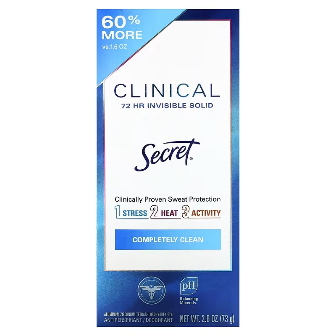 Дезодорант-антиперспірант для жінок Secret, Clinical 72 HR Invisible Solid Deodorant, Completely Clean, 73 г