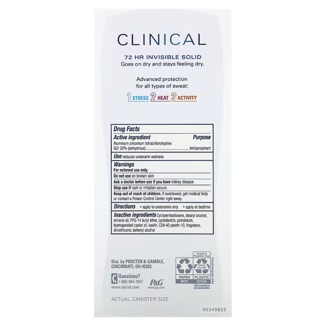 Дезодорант-антиперспірант для жінок Secret, Clinical 72 HR Invisible Solid Deodorant, Completely Clean, 73 г