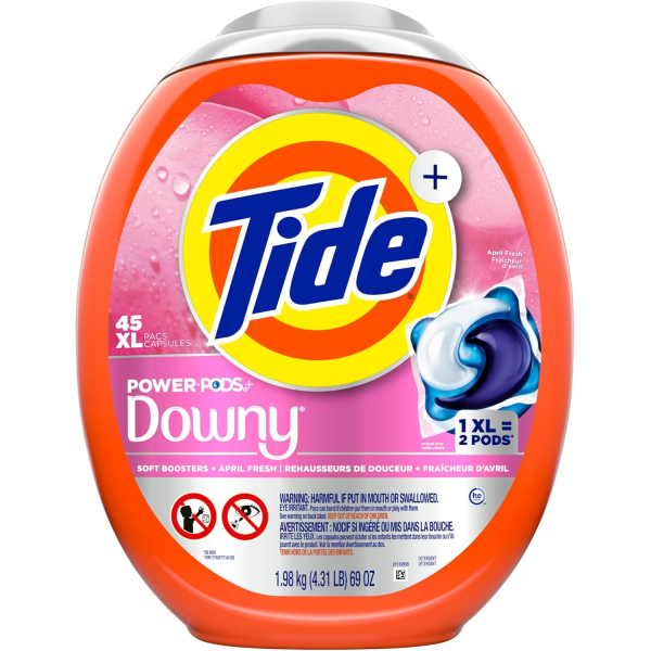 Капсули для прання збільшеного розміру Tide Power XL PODs Downy 2-в-1 з ароматом квітневої свіжості, 45 шт
