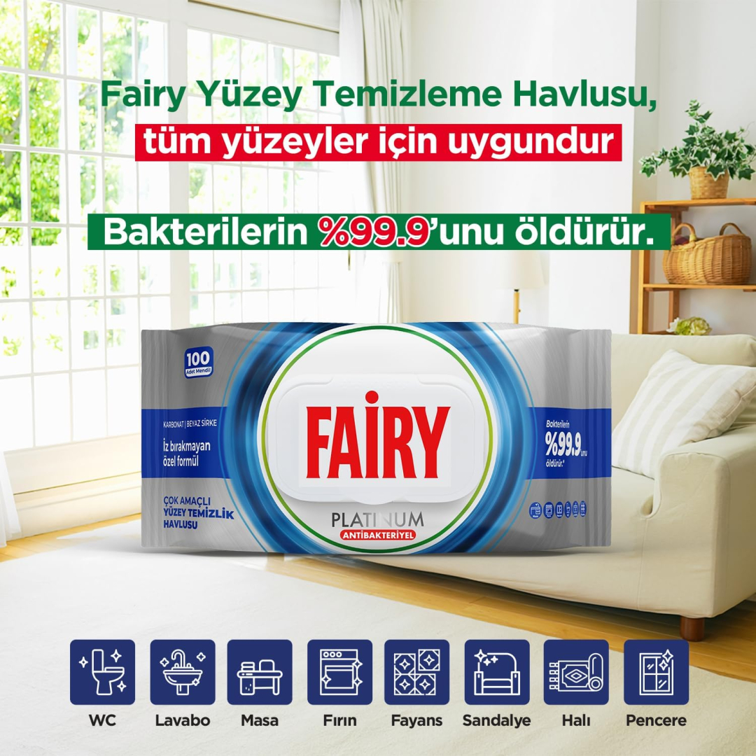 Вологі серветки для прибирання Fairy Platinum Антибактеріальні, 100 шт