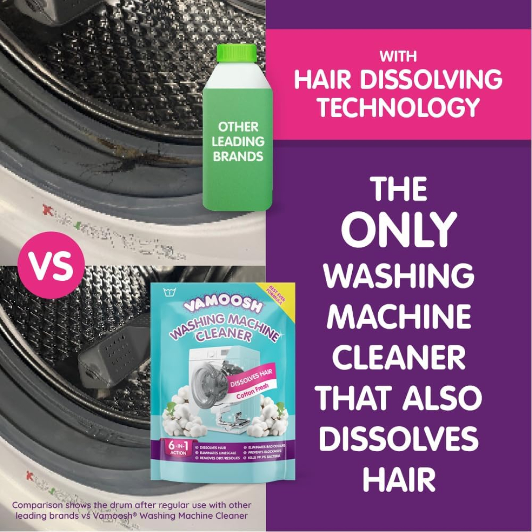 Засіб для чищення пральної машини Vamoosh 6-в-1Аромат свіжої бавовни Розчиняє волосся, усуває неприємні запахи