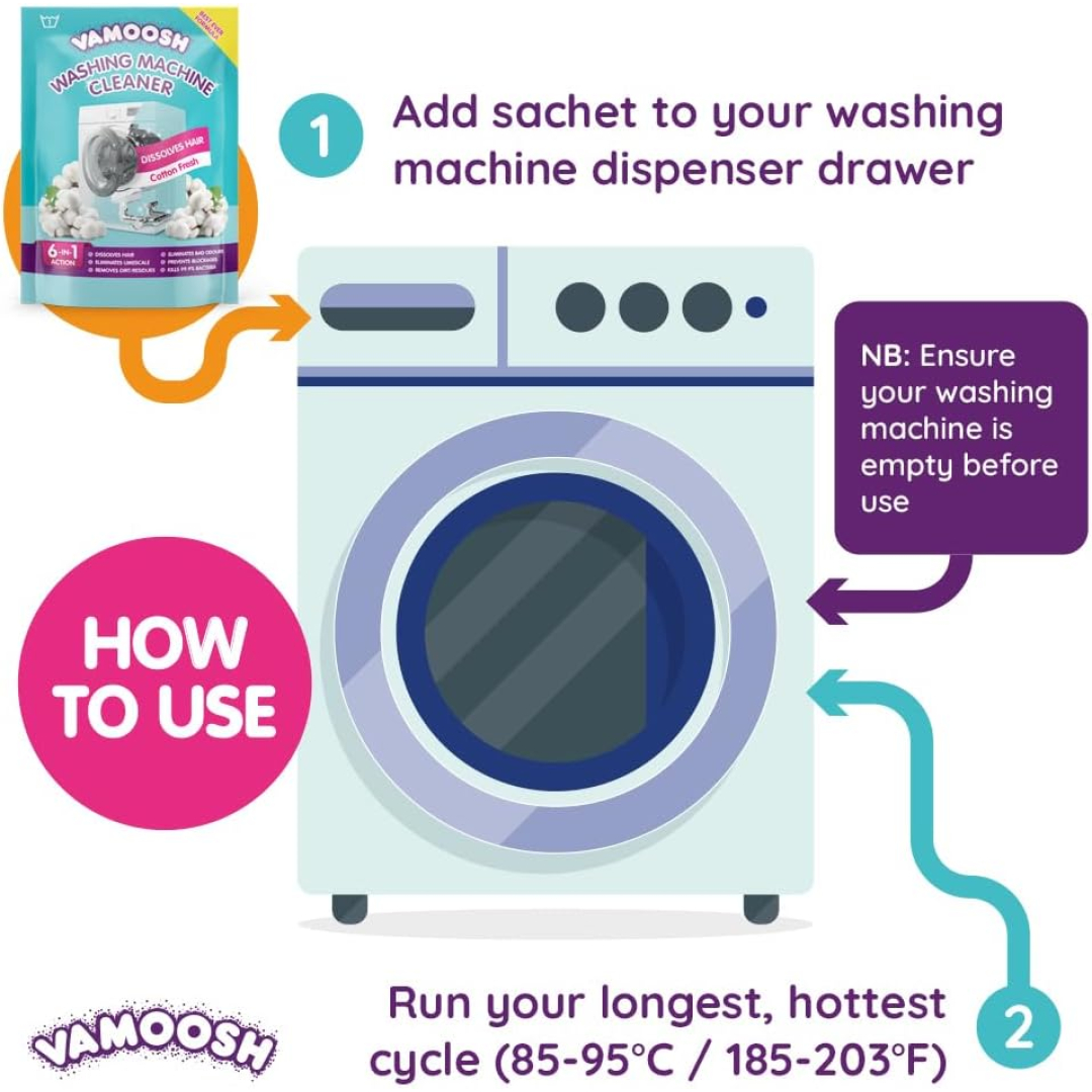 Засіб для чищення пральної машини Vamoosh 6-в-1Аромат свіжої бавовни Розчиняє волосся, усуває неприємні запахи