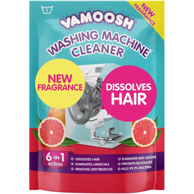 Засіб для чищення пральної машини Vamoosh 6-в-1, аромат рожевого грейпфрута. Розчиняє волосся, усуває неприємні запахи