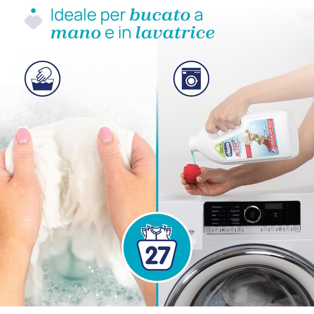 Гель для прання дитячих речей без промату Chicco з дезинфікуючим ефектом (27 прань), 1,5 л