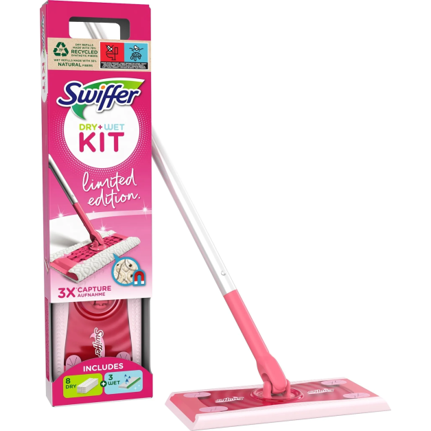 Рожева швабра для миття підлоги Swiffer Kit плюс 8 сухих і 3 вологих серветки для збирання пилу з підлоги