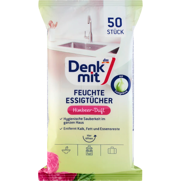 Вологі серветки для прибирання з оцтом Denkmit Малина, 50 шт