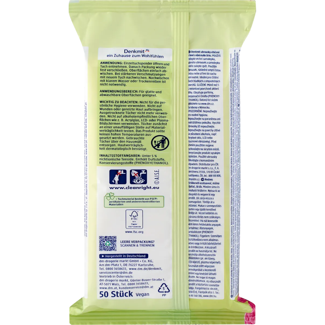 Вологі серветки для прибирання з оцтом Denkmit Малина, 50 шт