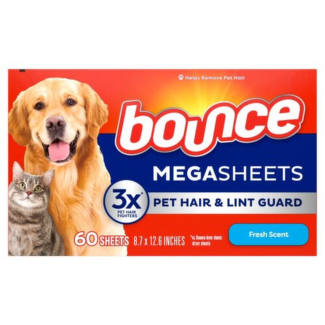 Серветки для сушарки Bounce Pet Hair and Lint Guard Mega з 3-кратним захистом від шерсті домашніх тварин, 60 шт