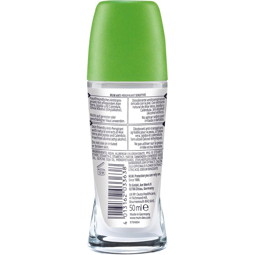 Кульковий дезодорант-антиперспірант Mum Sensitive Aloe Vera алое вера, скляна пляшка, 50 мл