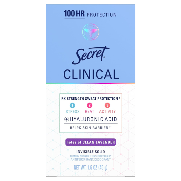 Дезодорант-антиперспірант твердий прозорий тривалої дії Secret Clinical 100hr Invisible Solid Hyaluronic Acid, 45 г