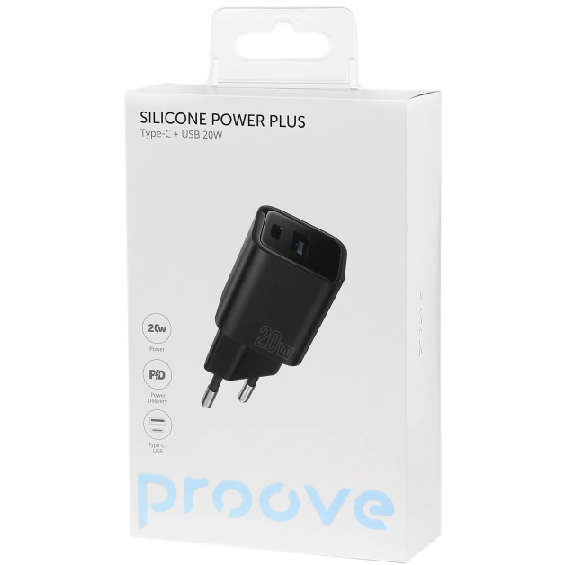Мережевий зарядний пристрій Proove Silicone Power Plus 20W Type-C + USB Black