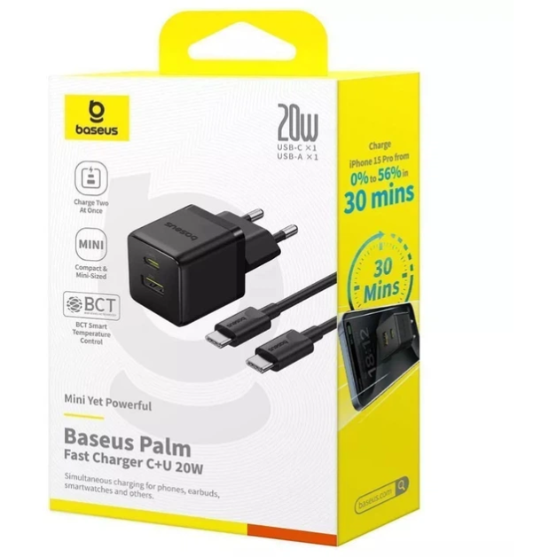 Зарядний пристрій Baseus Palm Fast Charger USB-A USB-C 20 Вт PD3.0 QC4.0 + кабель Type-C 60 Вт 1 м Black