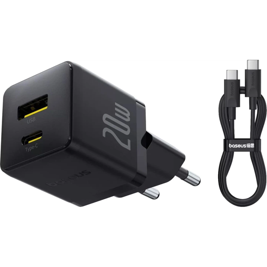 Зарядний пристрій Baseus Palm Fast Charger USB-A USB-C 20 Вт PD3.0 QC4.0 + кабель Type-C 60 Вт 1 м Black