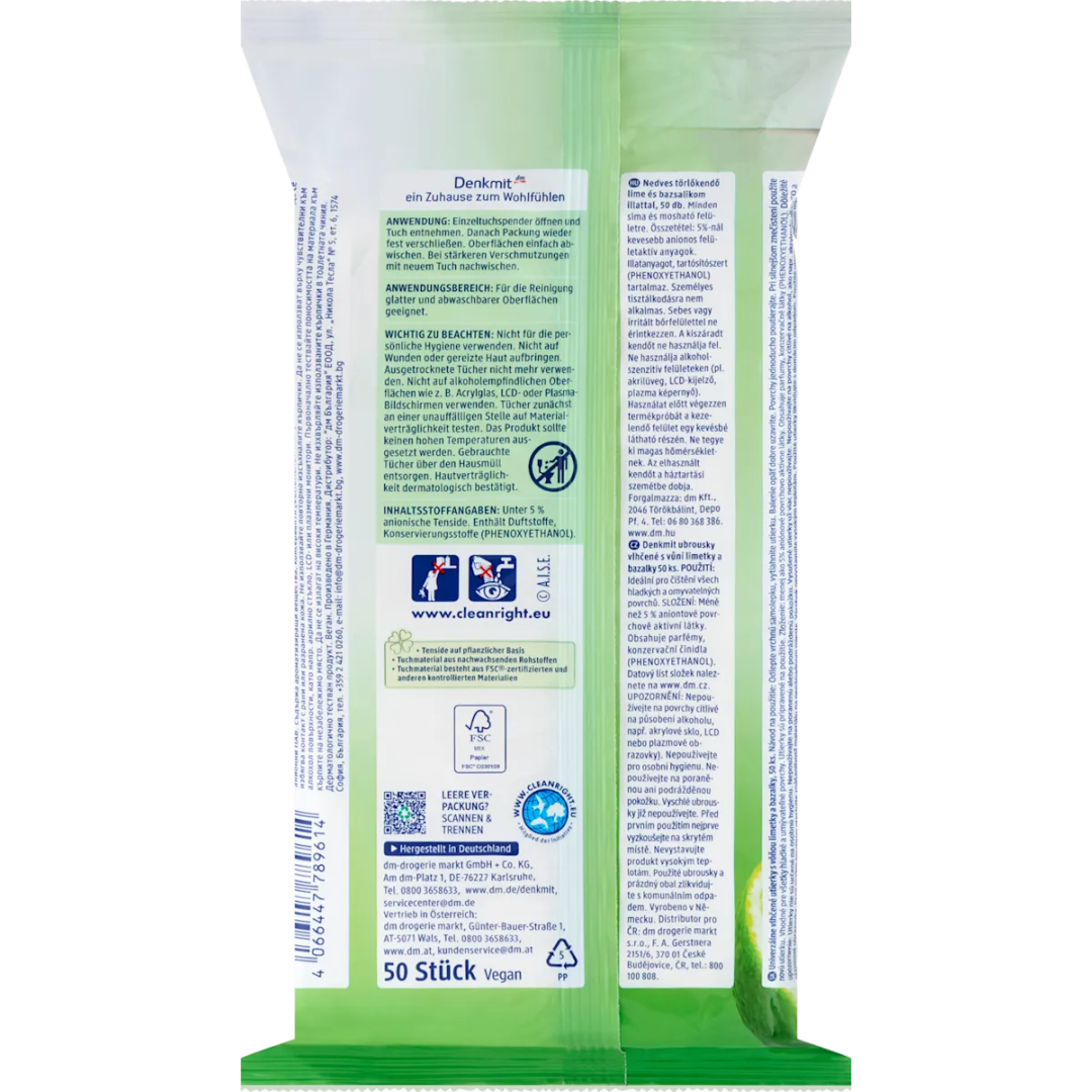 Вологі універсальні серветки Denkmit лайм та базилік, 50 шт