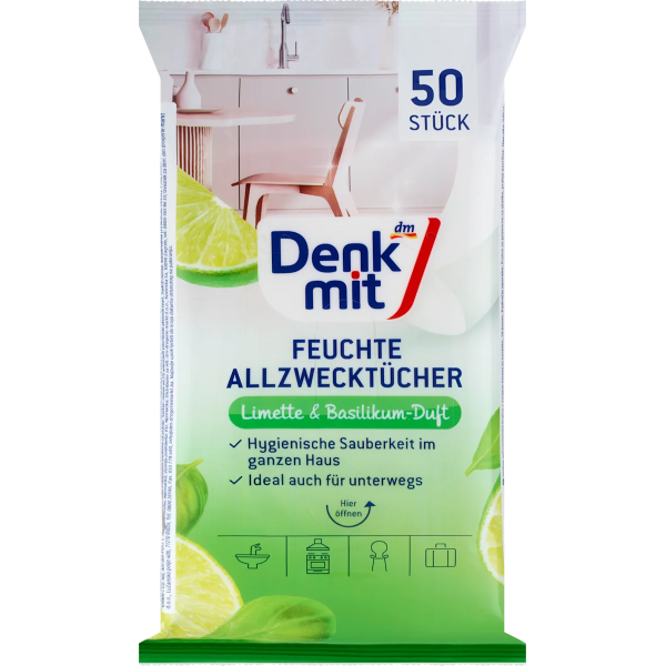 Вологі універсальні серветки Denkmit лайм та базилік, 50 шт