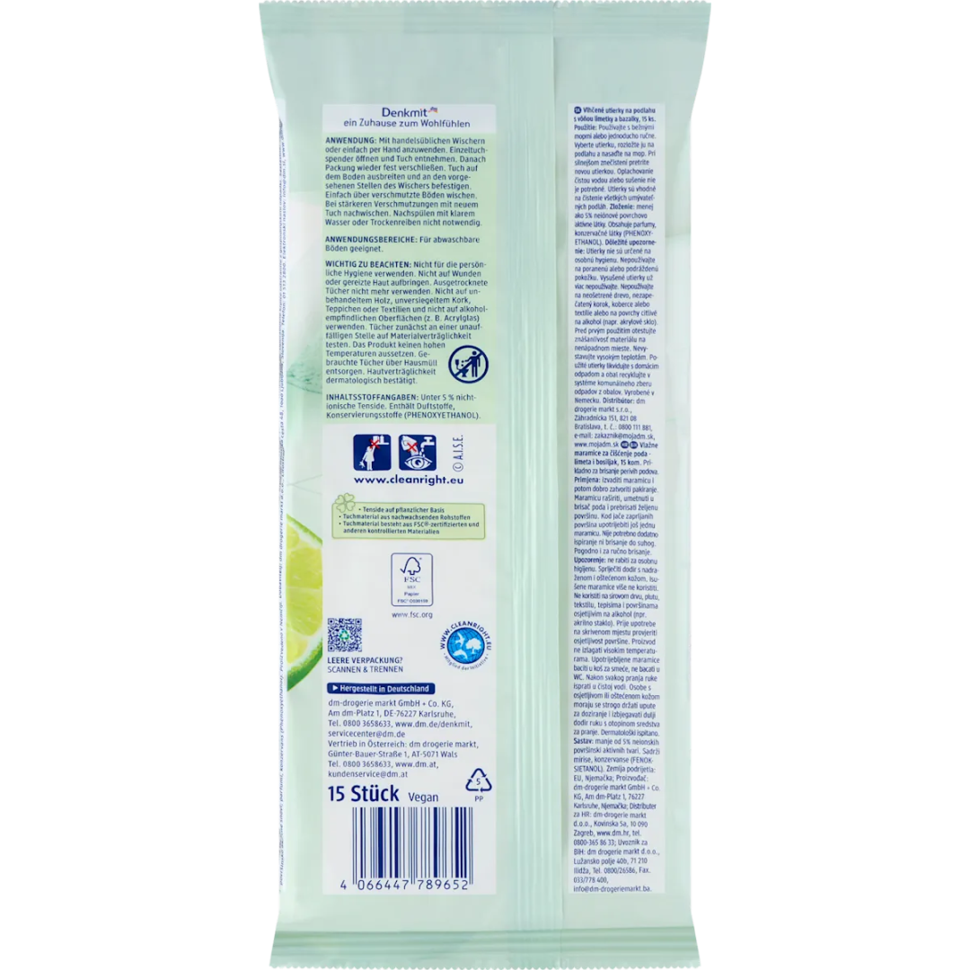 Вологі серветки для підлоги Denkmit Лайм та базилік, 15 шт