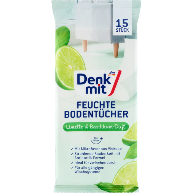 Вологі серветки для підлоги Denkmit Лайм та базилік, 15 шт