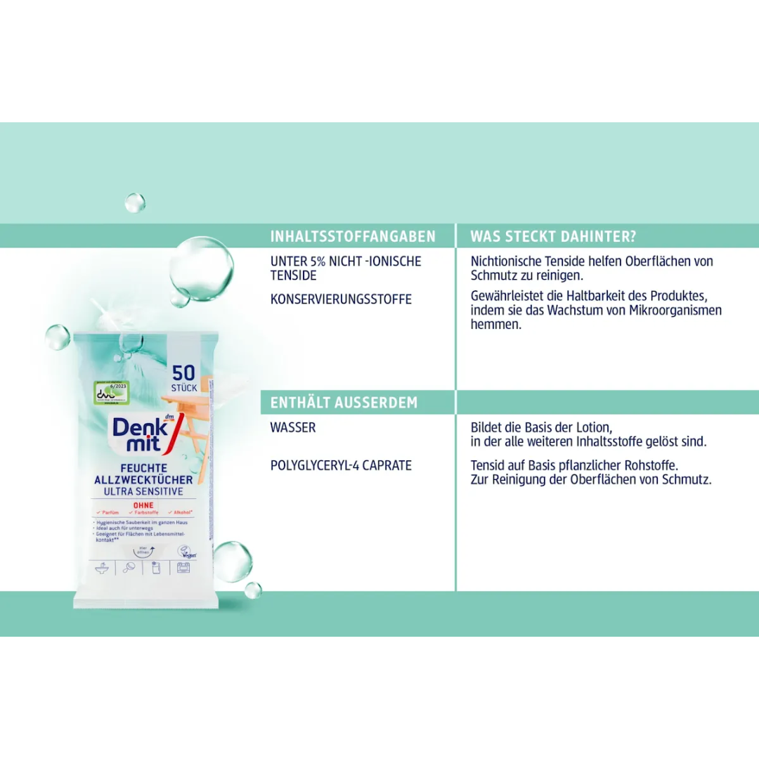 Універсальні серветки для прибирання Denkmit Ultra sensitive для чутливої шкіри, 50 шт