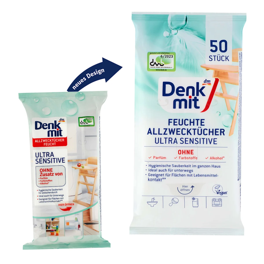 Універсальні серветки для прибирання Denkmit Ultra sensitive для чутливої шкіри, 50 шт
