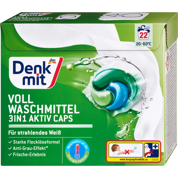 Капсули для прання білих речей Denkmit 3 в 1 Aktiv Caps, 22 шт