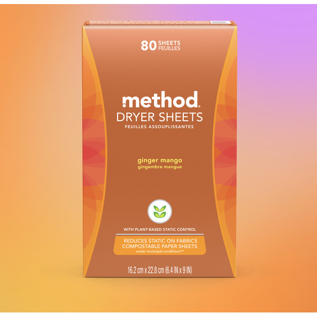 Серветки для сушильної машини манго імбир METHOD ginger mango dryer sheets, 80 шт