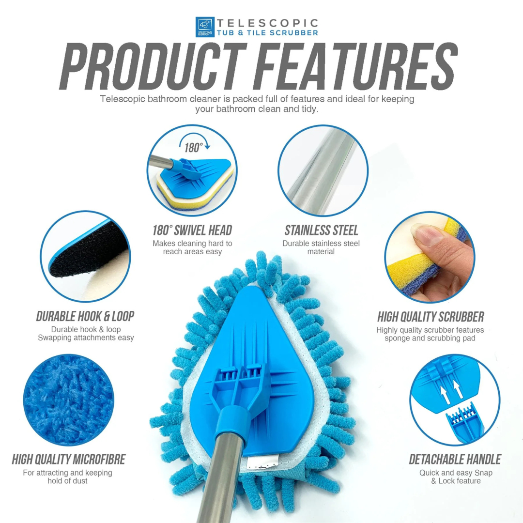 Швабра для ванни DUSTPAN&BRUSH, телескопічна ручка + 3 насадки, набір The Dustpan and Brush Telescopic Bathroom Mop - Tile Cleaning Kit
