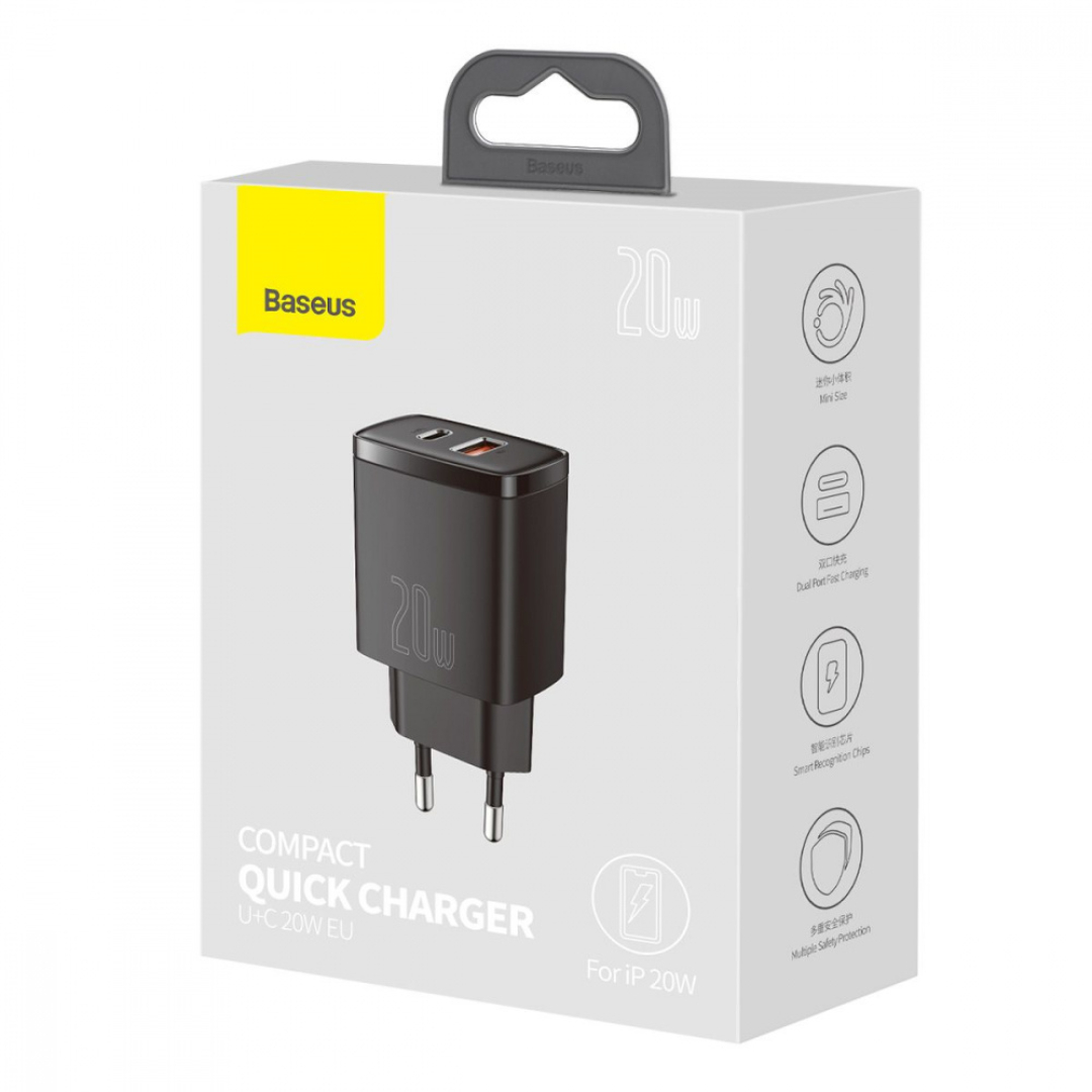 Мзп Baseus Compact Quick Charger 20W QC+ PD (1Type-C + 1USB) black