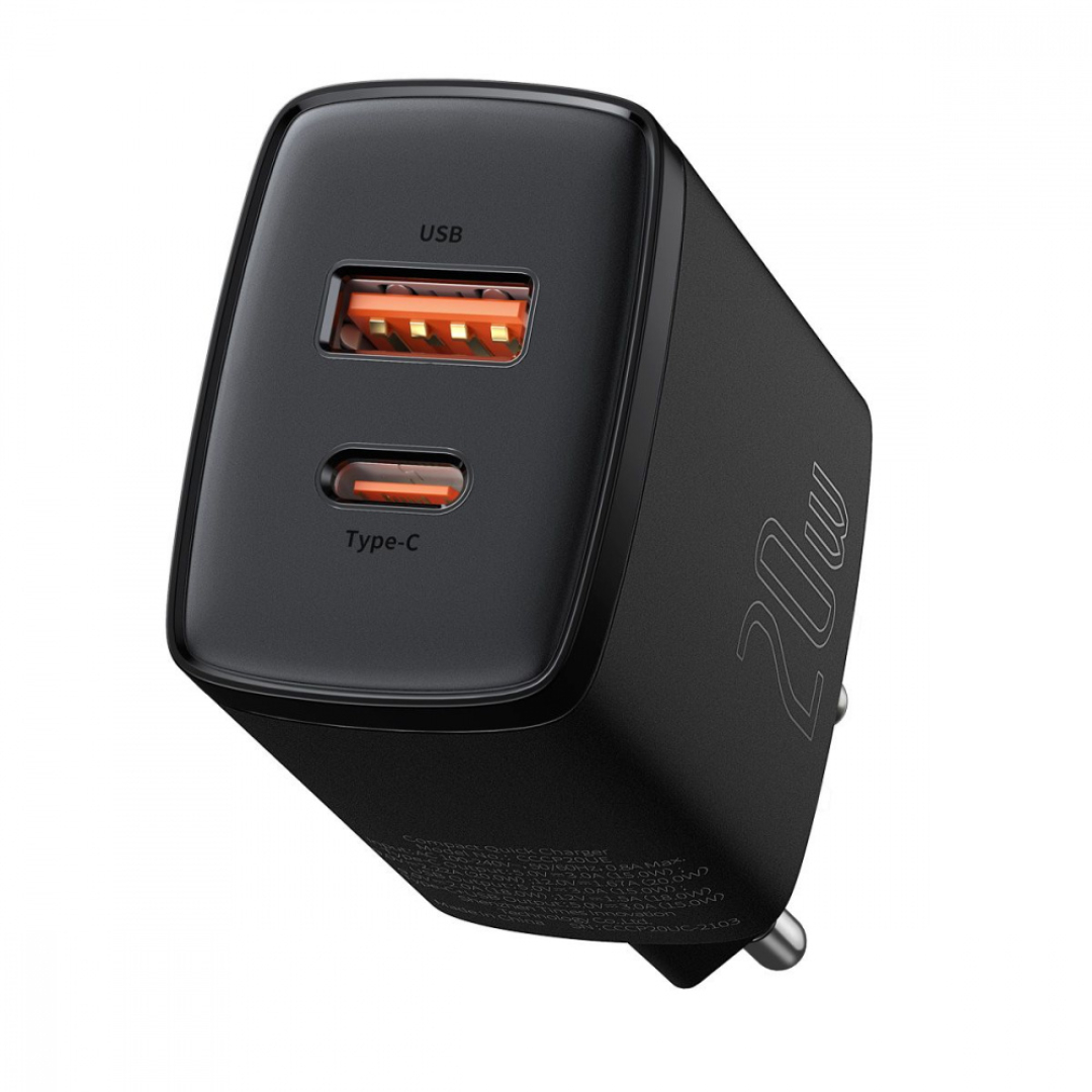 Мзп Baseus Compact Quick Charger 20W QC+ PD (1Type-C + 1USB) black