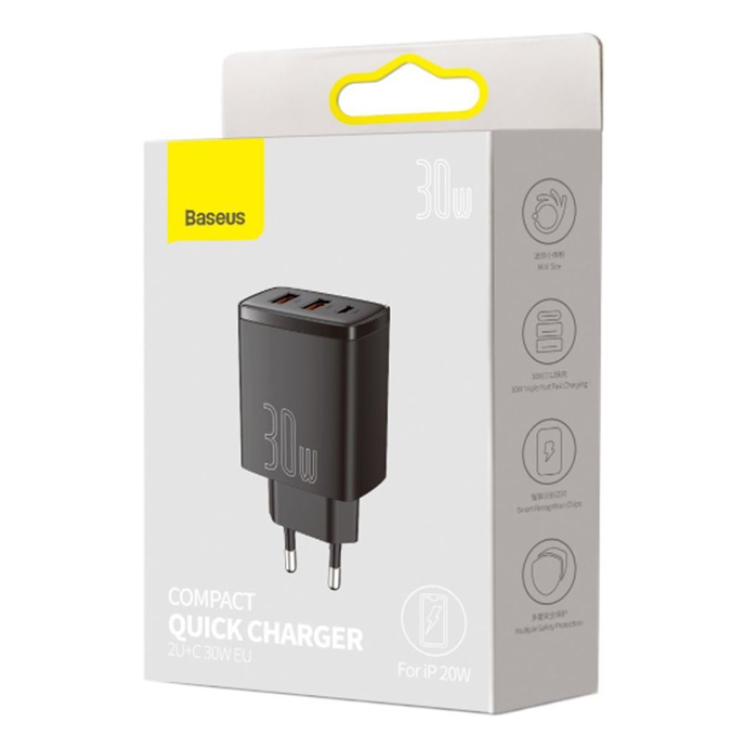 Швидка зарядка Baseus 30W QC+ PD (1Type-C + 2USB) Compact Quick Charger black