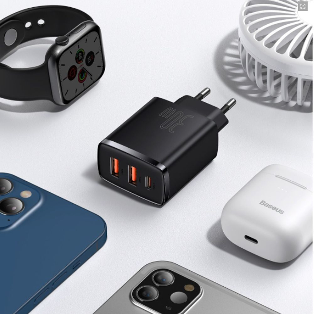 Швидка зарядка Baseus 30W QC+ PD (1Type-C + 2USB) Compact Quick Charger black